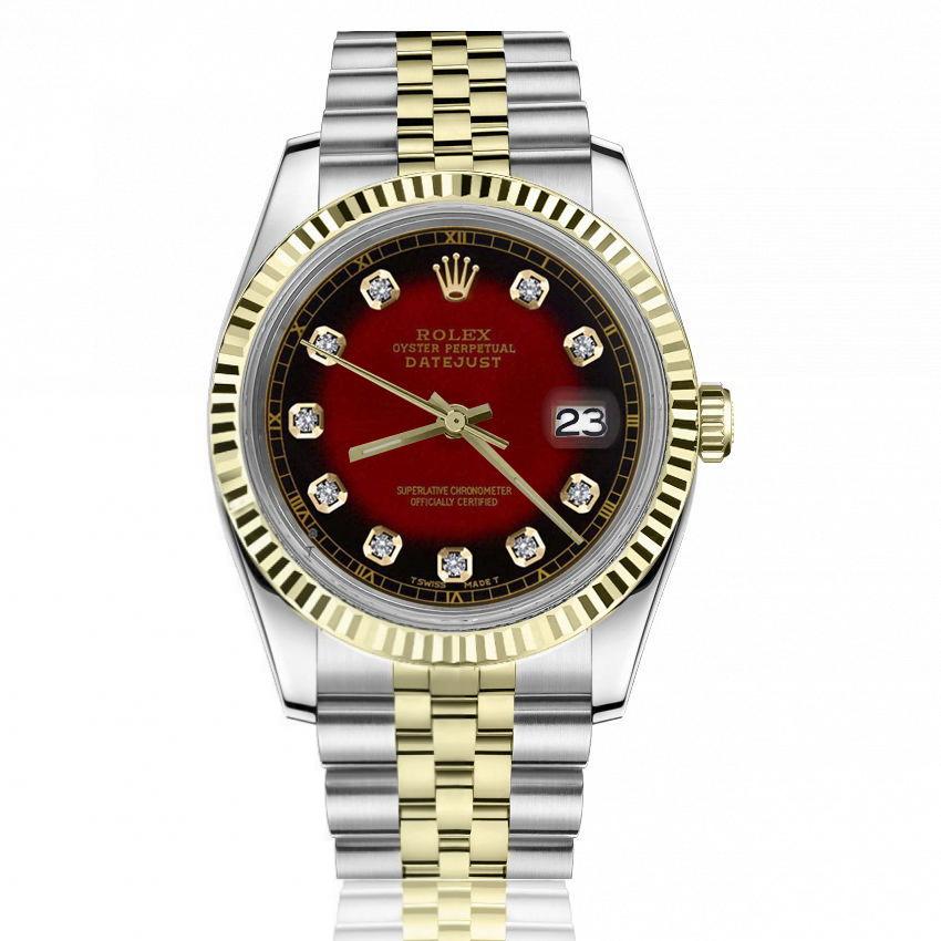 Rolex Oyster Perpetual 36mm Datejust Red Vignette Diamond Accent Dial Fluted Bezel