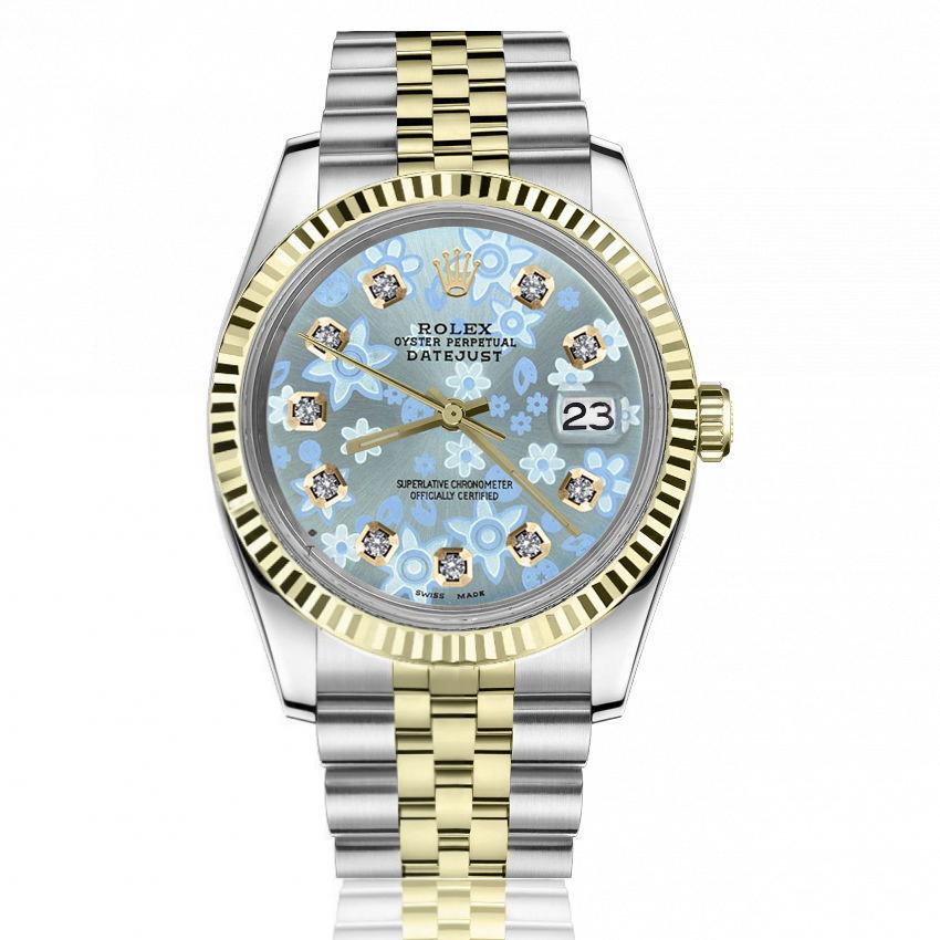 Rolex Datejust 36mm Two Tone Jubilee Watch Ice Blue Flower Dial with Diamond Numbers