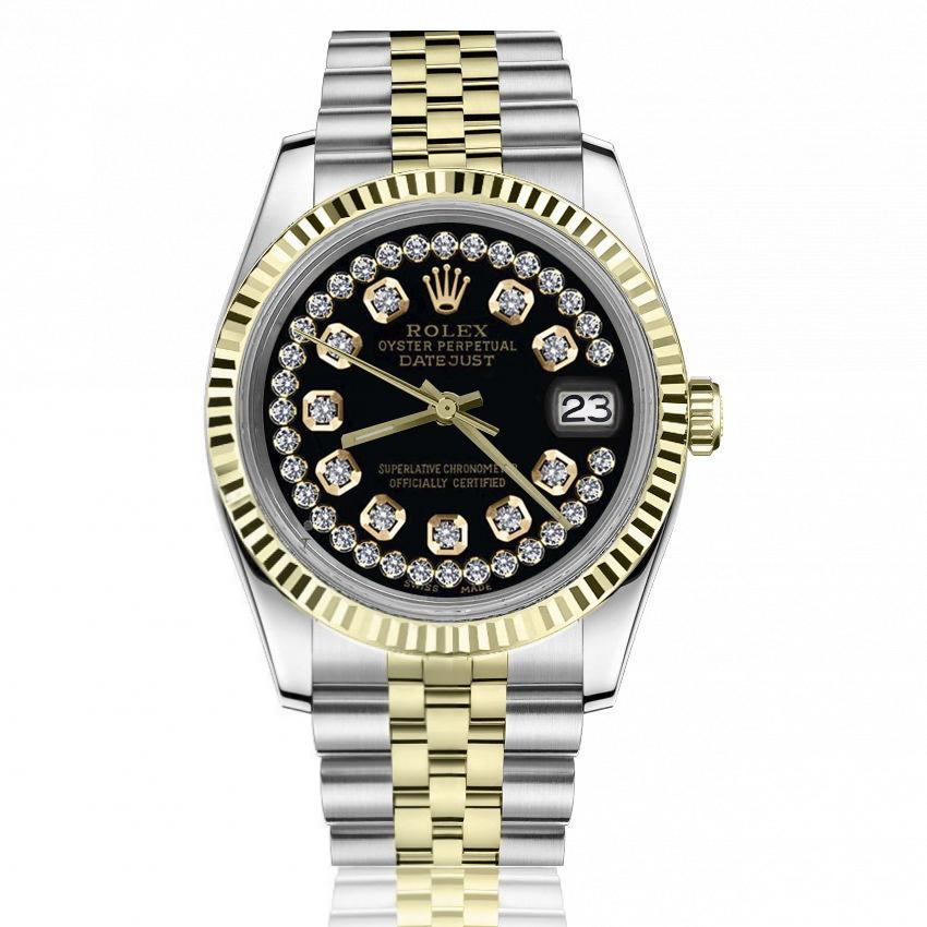Rolex 36mm Datejust Glossy Black Dial with Two Row Diamonds Jubilee Band Two Tone Watch