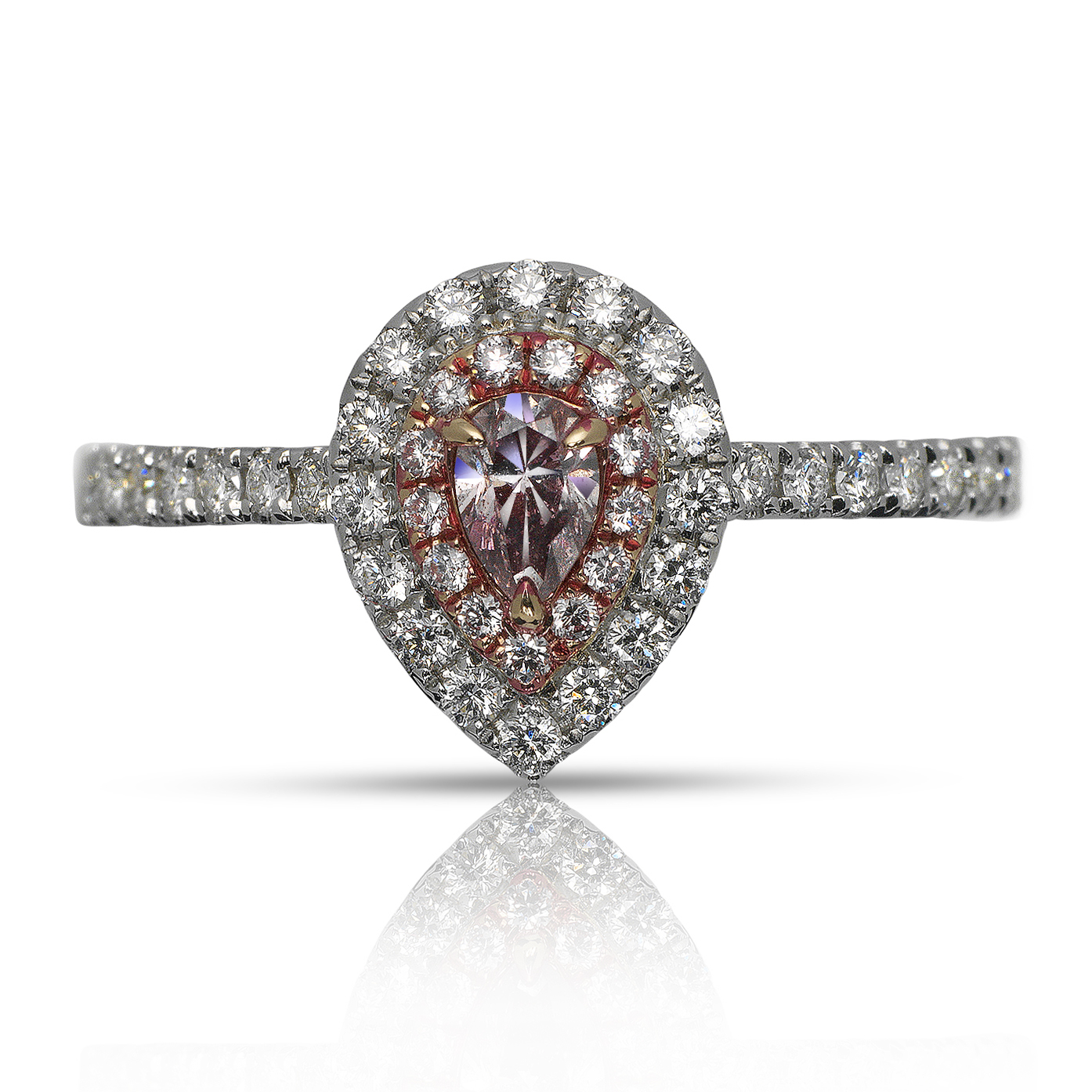 HALO PEAR SHAPE FANCY PINK DIAMOND ENGAGEMENT RING 18K ROSE WHITE GOLD GIA CERTIFIED 0.15 CT FIPP BY MIKE NEKTA