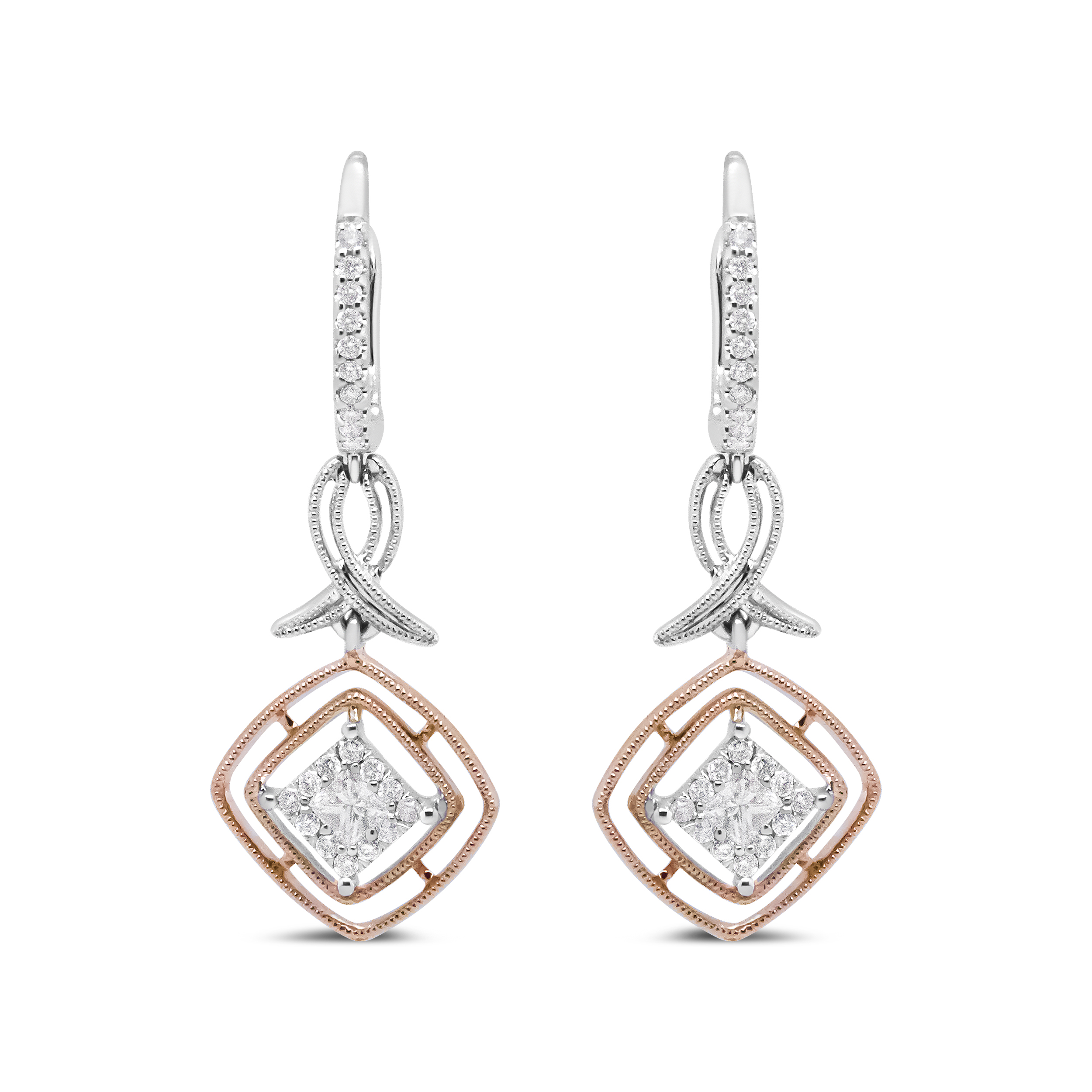 14K White and Rose Gold 1/2 Cttw Round and Princess-Cut Diamond Openwork Marquise Ribbon Dangle Earring (G-H Color, SI2-I1 Clarity)