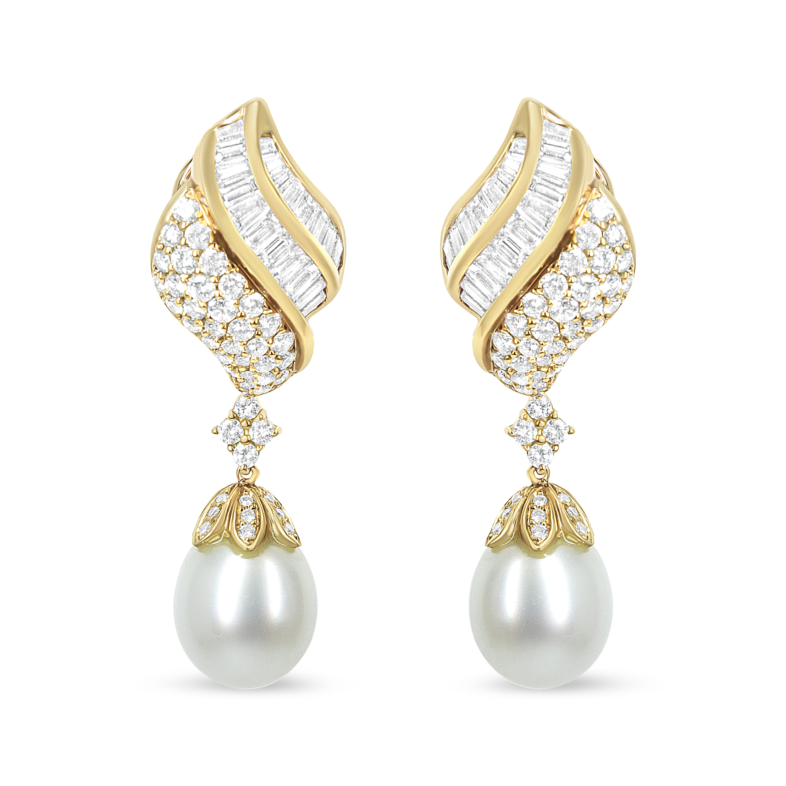 18k Yellow Gold 7.0 Cttw Baguette and Round Diamond South Sea Pearl Drop Dangle Clip-On Earrings (F-G Color, VS1-VS2 Clarity)