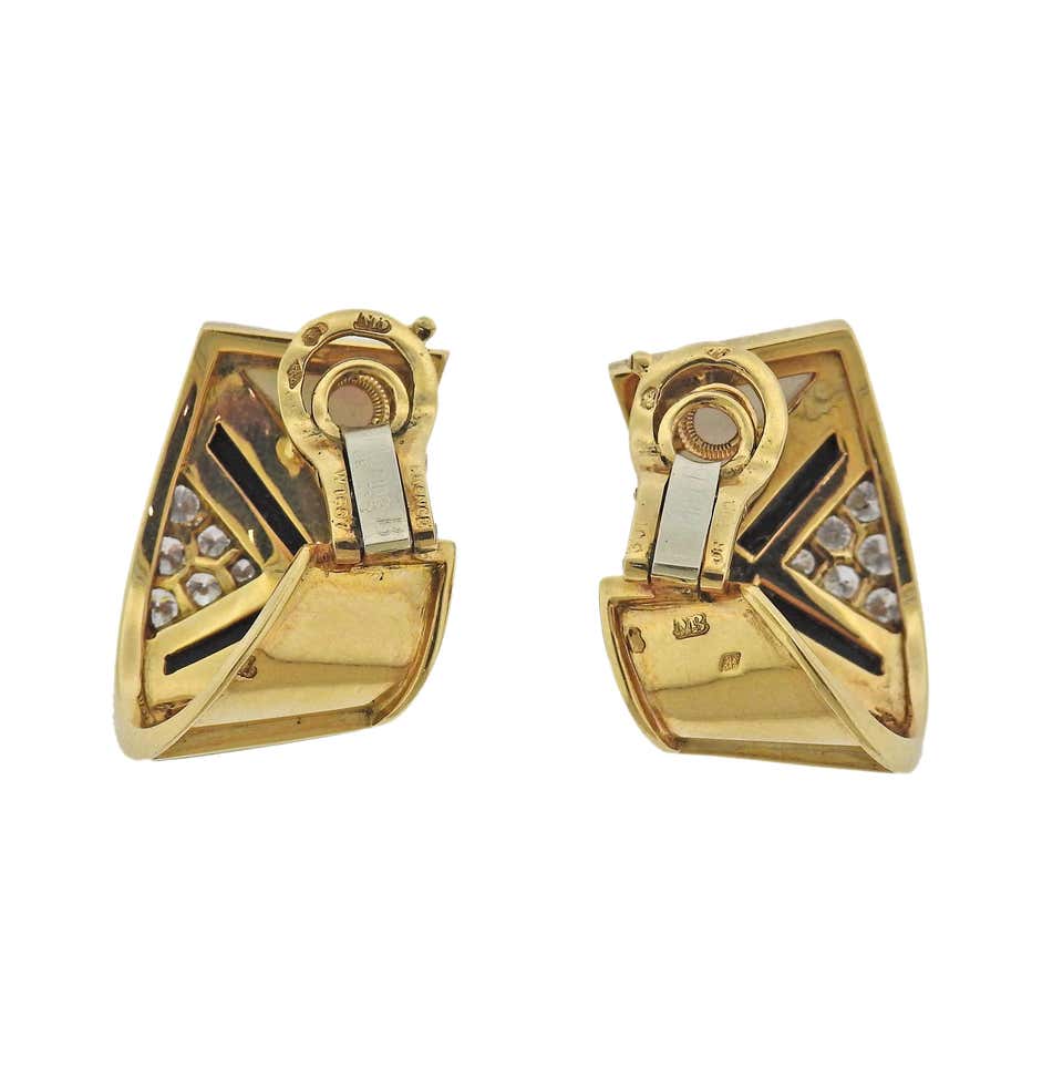 Marina B Onyx Mother of Pearl Inlay Diamond Gold Earrings