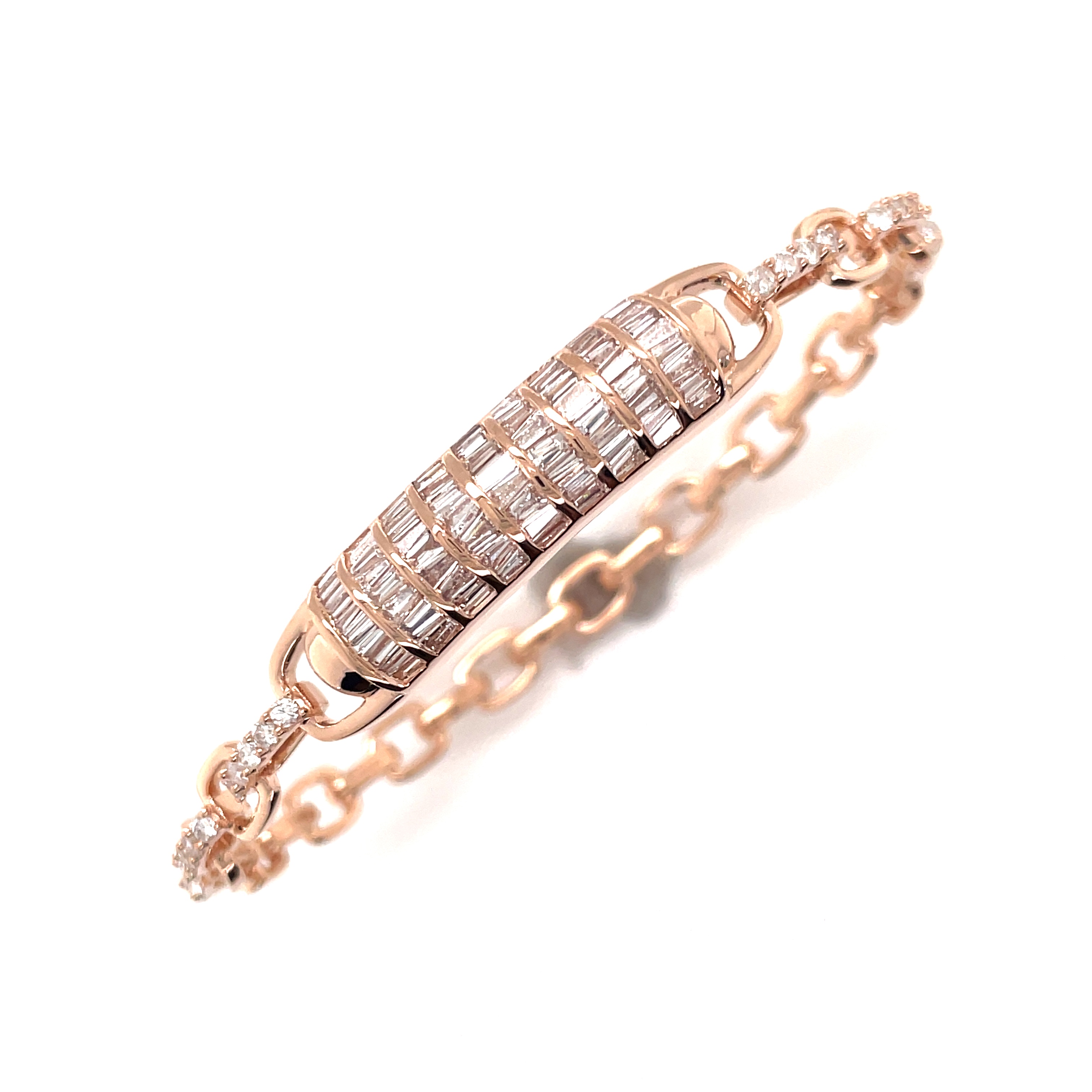 14K Rose Gold Baguette Diamonds Bar Link Bangle Bracelet