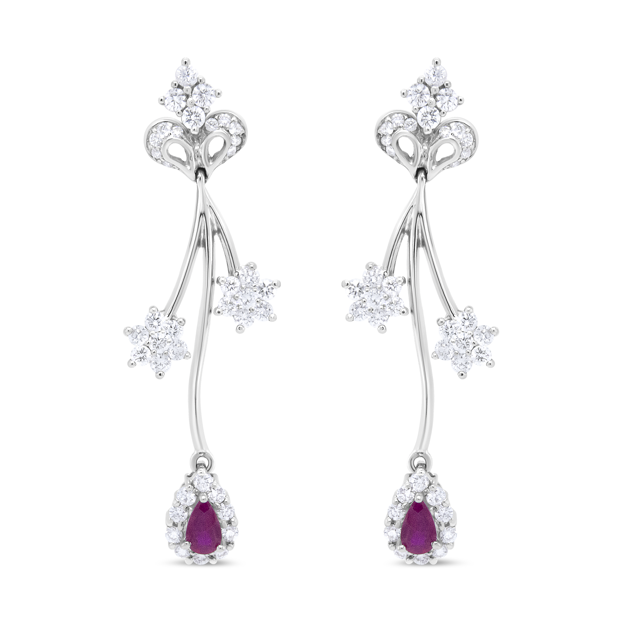 18K White Gold 1 1/4 Cttw Diamond and 4.1 x 2.2mm Red Pear-Cut Ruby Freeform Dangle Drop Earring (E-F Color, VS1-VS2 Clarity)