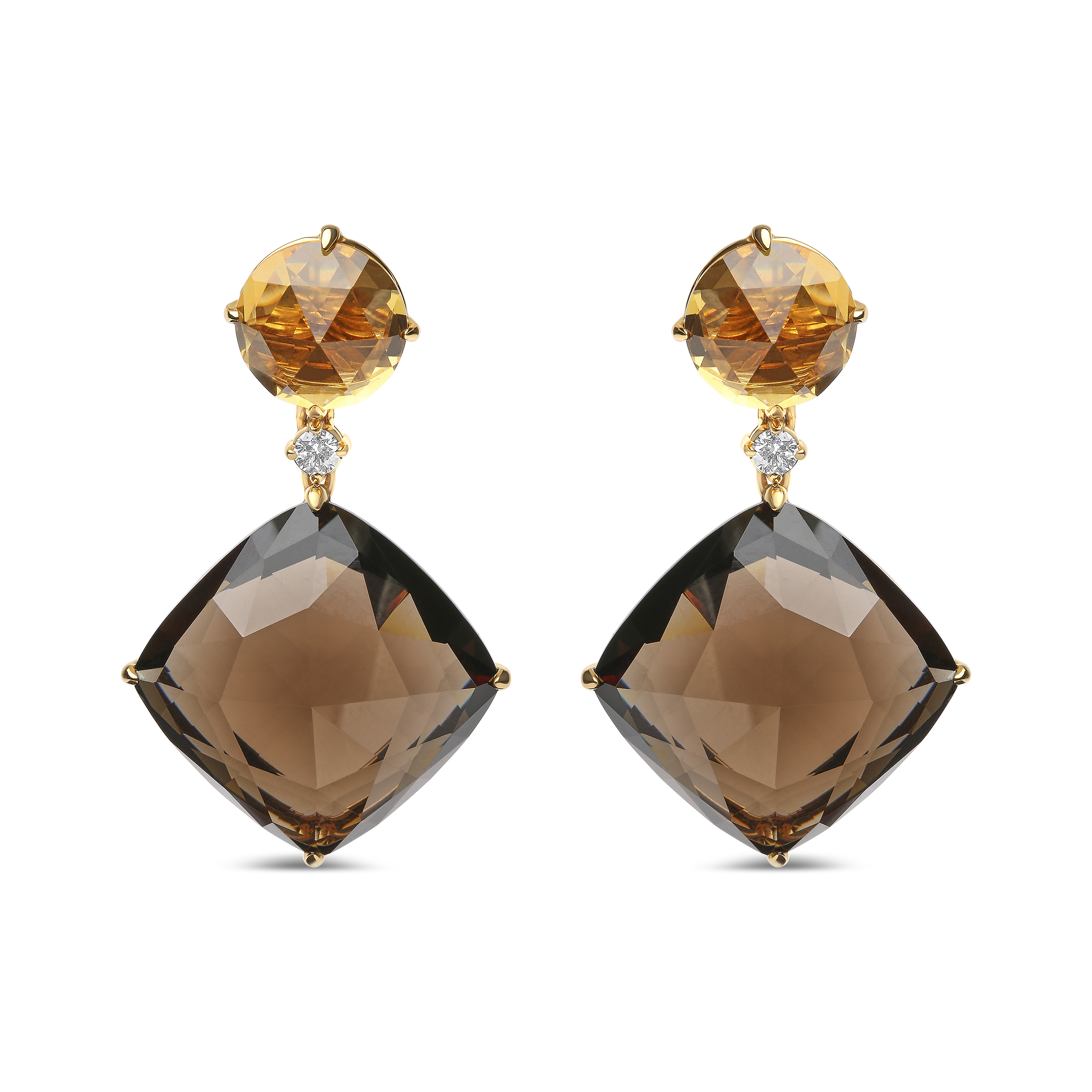 18K Yellow Gold 1/5 Cttw Diamond with Round Yellow Citrine and 25mm Cushion Cut Smoky Quartz Gemstone Dangle Earring (G-H Color, SI1-SI2 Clarity)