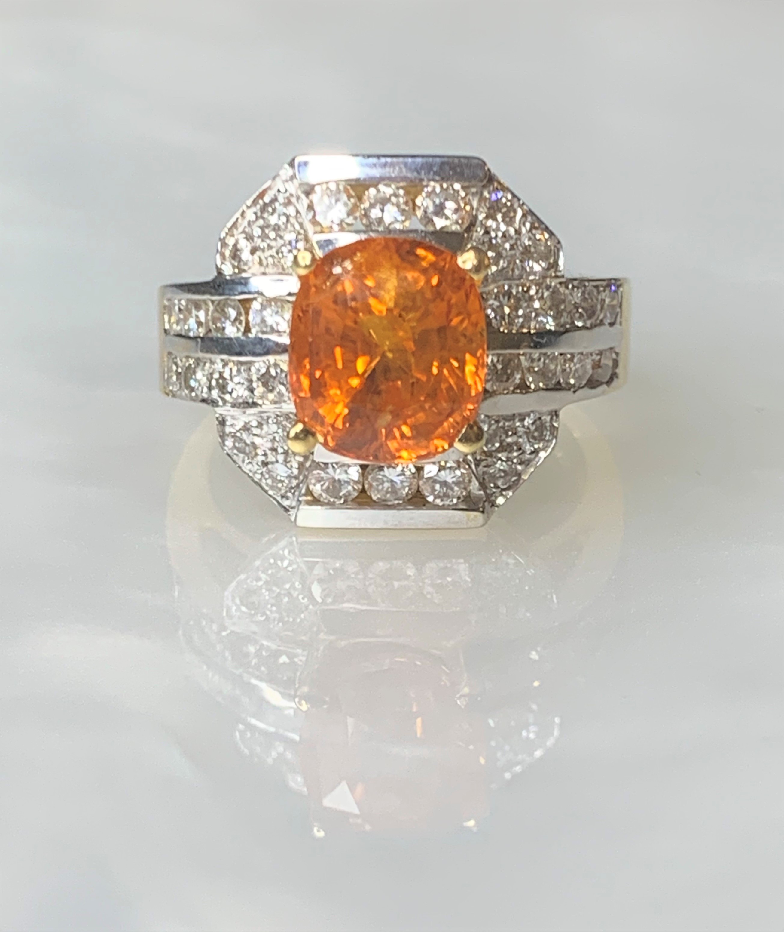 18K Yellow Gold Cushion Cut Orange Sapphire Diamond Ring