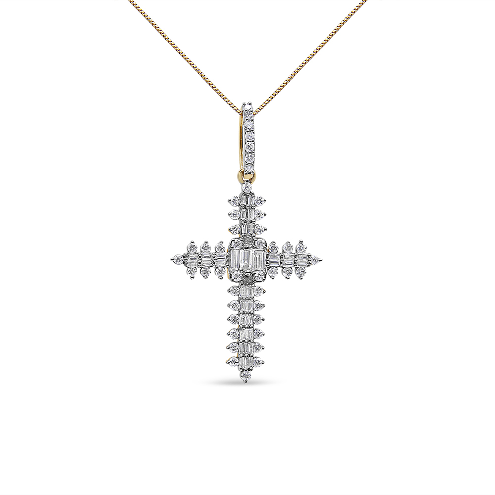 10K Yellow Gold 7/8 Cttw Round Baguette Diamond Zigzag Pattern Cross Pendant Necklace (H-I Color, SI2-I1 Clarity) - NO CHAIN INCLUDED