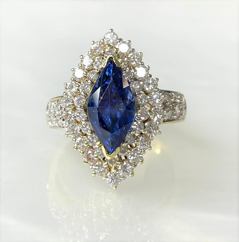 14K Yellow Gold Marquise Cut Blue Sapphire Diamond Ring