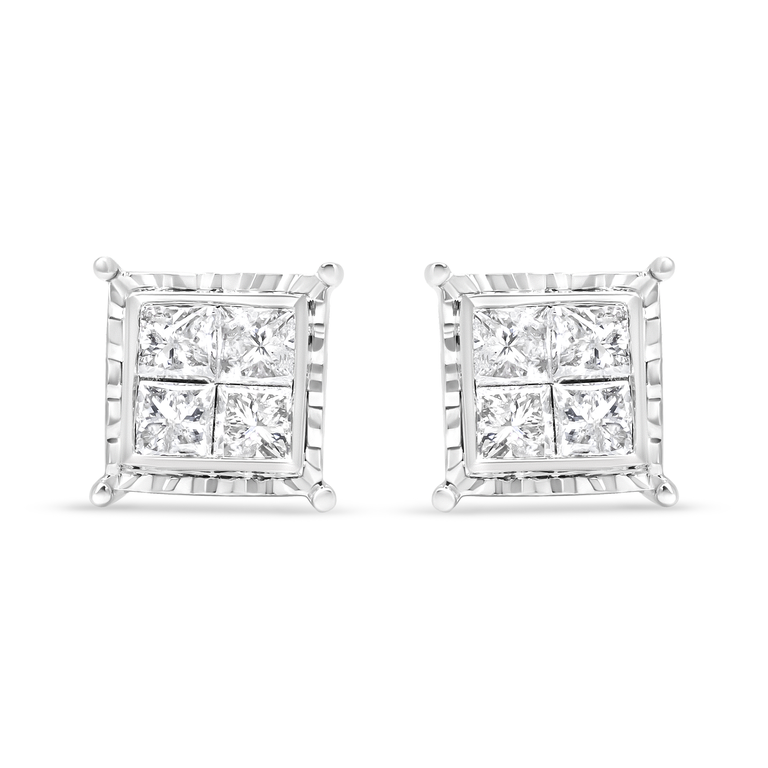 True 14K White Gold 1 1/2 Cttw Invisible Set Princess-Cut Diamond Contemporary Wavy Quad Stud Earrings (I-J Color, I1-I2 Clarity)
