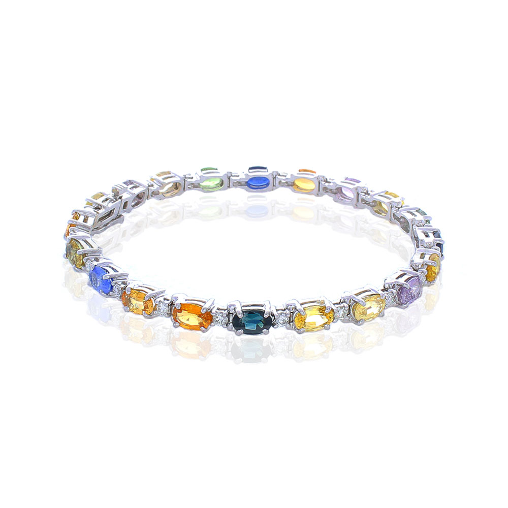  Heritage Gem Studio 11.72 Carat Total Multi Color Oval Sapphire  Diamond Bracelet In 14K White Gold