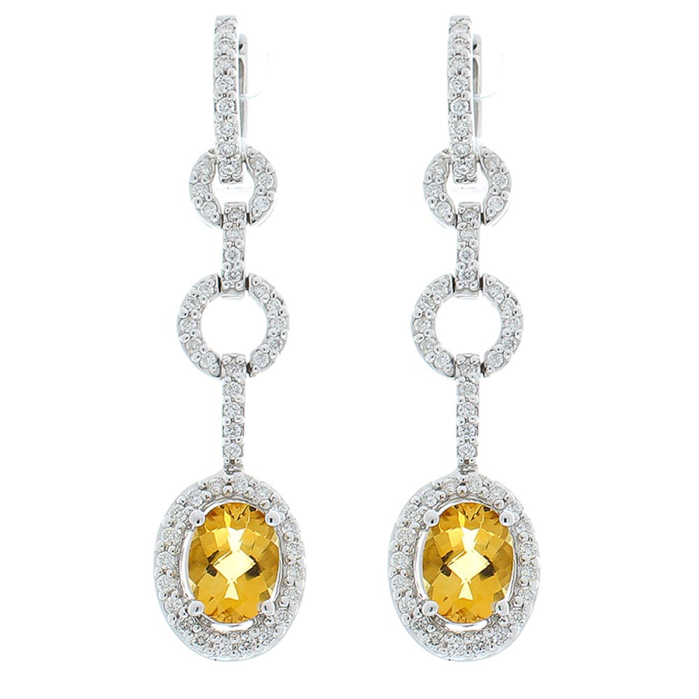 Heritage Gem Studio 2.50 Carat Total Oval Checkerboard Citrine and Diamond Dangle Earrings