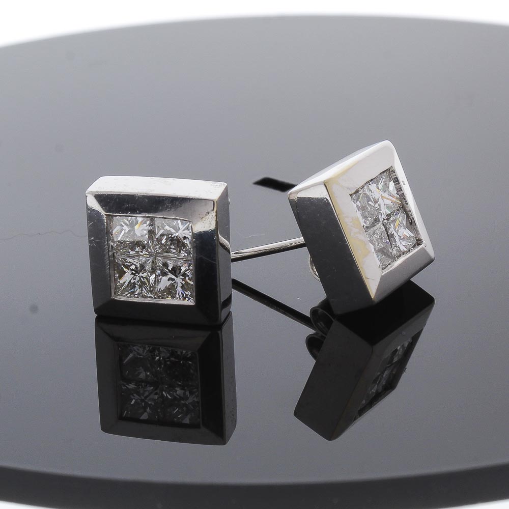 Heritage Gem Studio  1.72 Carat Total Invisible Set Princess Cut Stud Earrings in 18 Karat White Gold