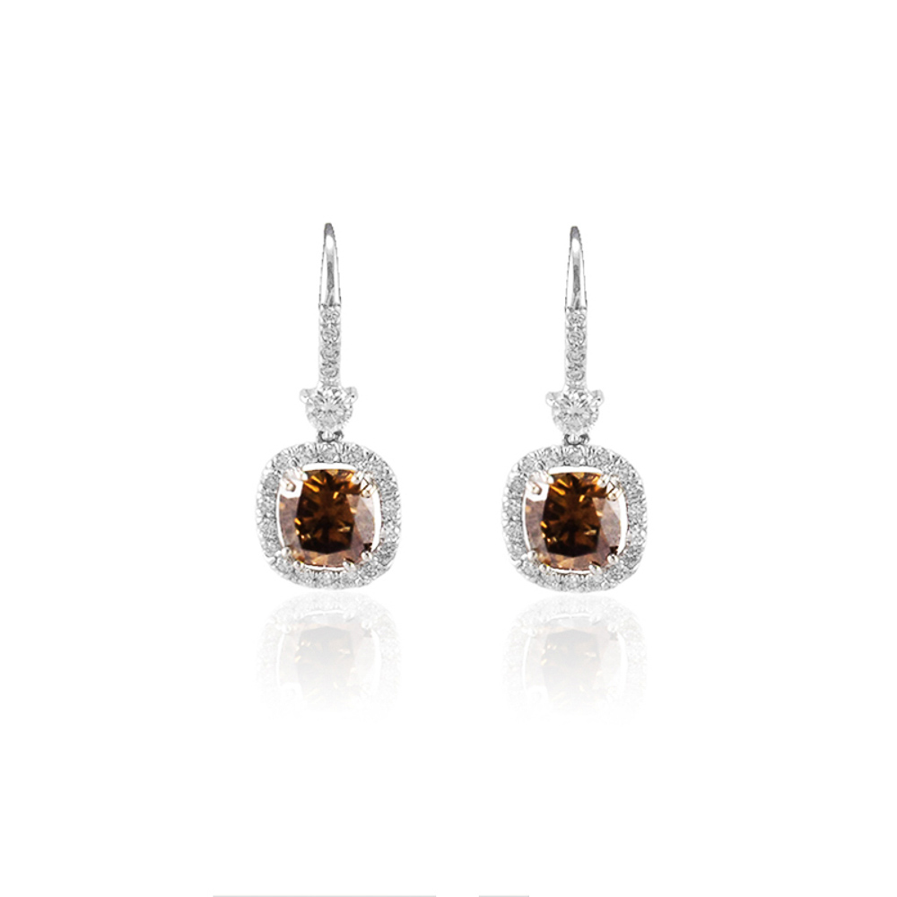 Heritage Gem Studio GIA Certified 4.13 Carat Total Cushion Cut Fancy Brown Diamond Earring