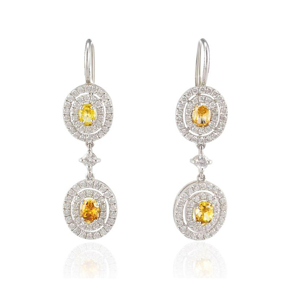 Heritage Gem Studio GIA Certified 1.33 Carat Total Oval Fancy Yellow Diamond Dangle Earrings