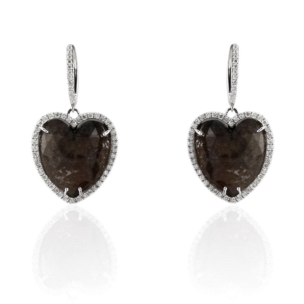 Heritage Gem Studio 28.50 Carat Total Heart Shape Black Diamond Earrings in 14 Karat White Gold