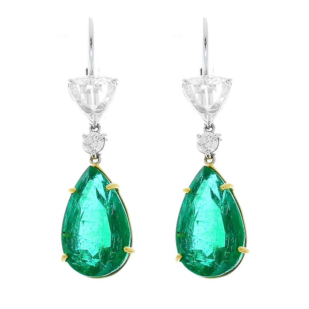 Heritage Gem Studio PGS Certified Pear Shape Emeralds and GIA Certified Rose Cut Diamond Earrings