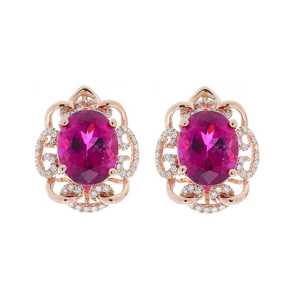  Heritage Gem Studio 7.94 Carat Total Oval Rubellite and Diamond Earring in 14 Karat Rose Gold