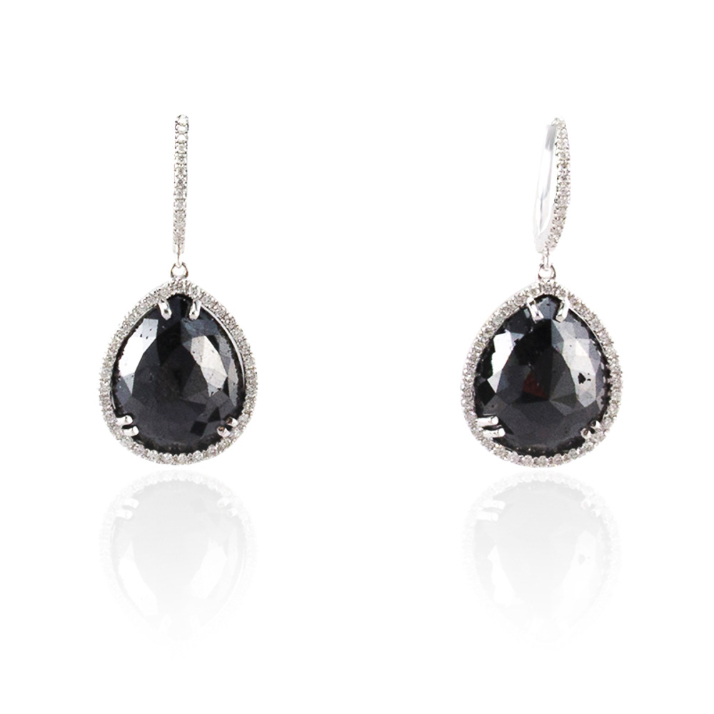 Heritage Gem Studio 17.35 Carat Total Pear Shaped Black Diamond Dangle Earring in 14 Karat Gold