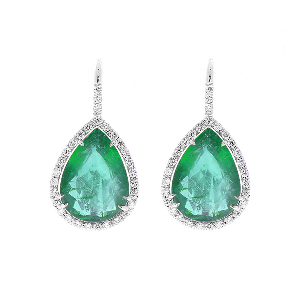 Heritage Gem Studio 11.18 Carat Total Pear Shaped Emerald and Diamond Earrings in 18 Karat Gold