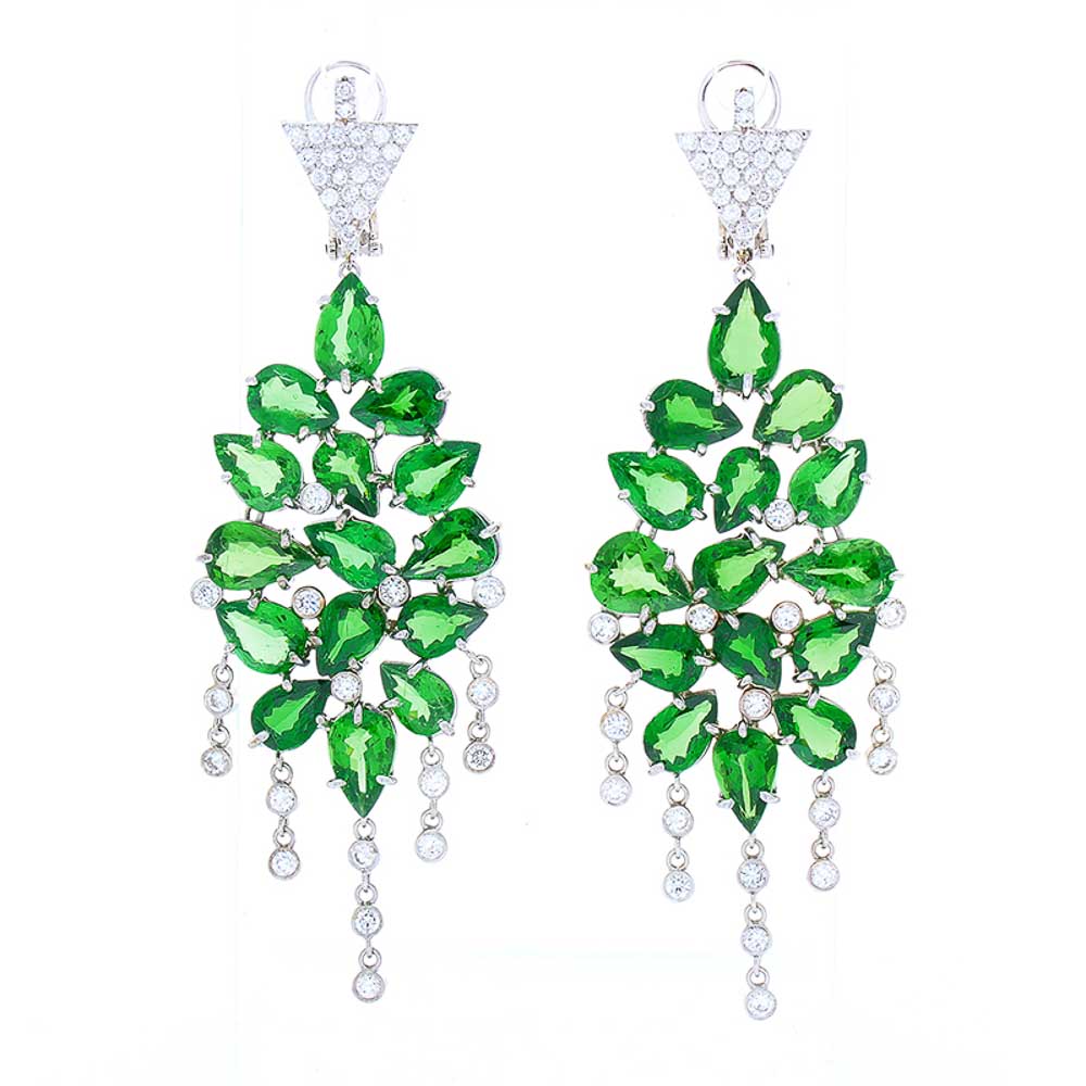 Heritage Gem Studio  21.53 Carat Pear Shaped Tsavorite and Diamond Chandelier Earrings in White Gold