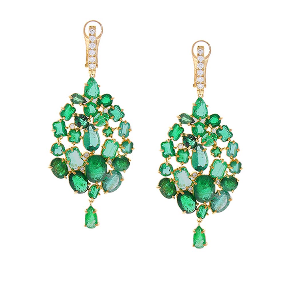  Heritage Gem Studio 26.00 Carat Mixed Emerald and Diamond Dangle Earring 18 Karat Yellow Gold