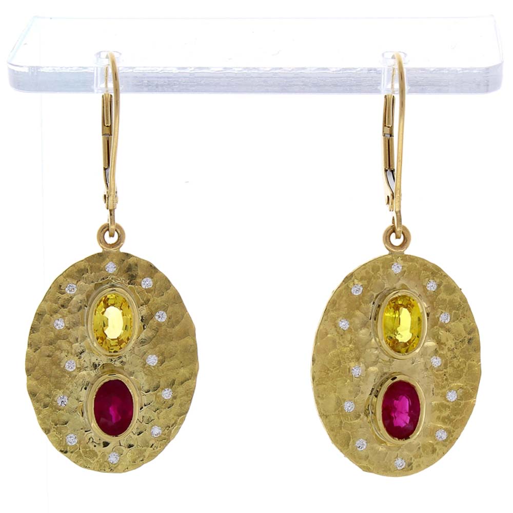 Heritage Gem Studio 1.27 Carat Total Oval Ruby, Yellow Sapphire Diamond Earrings In 14 K Gold
