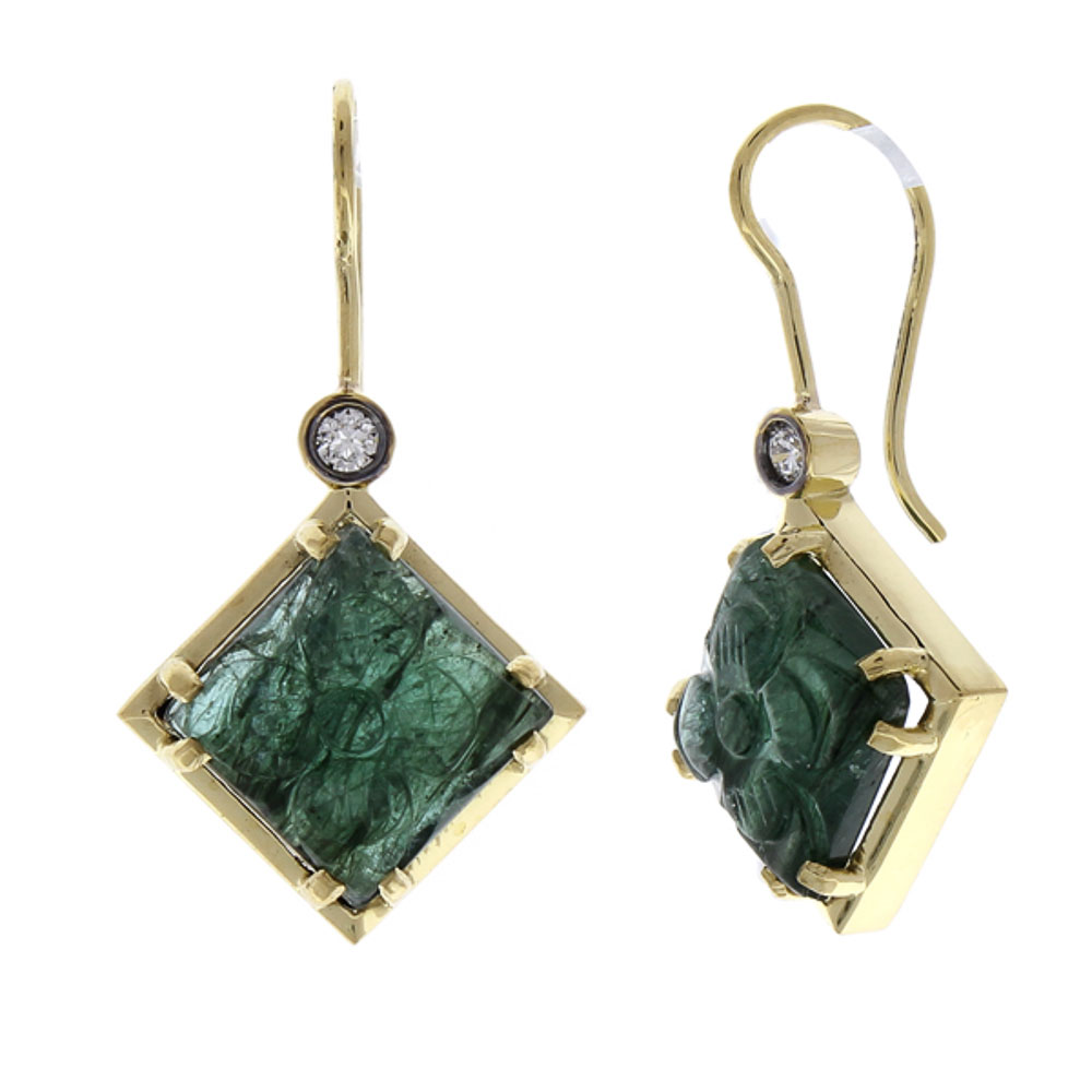  Heritage Gem Studio 14.55 Carat Total Carved Emerald and Diamond Earrings in 18 Karat Yellow Gold