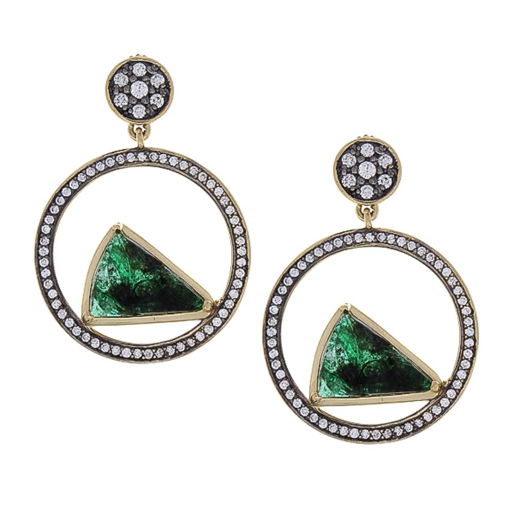  Heritage Gem Studio 11.25 Carat Total Carved Emerald and Diamond Earrings in 18 Karat Yellow Gold