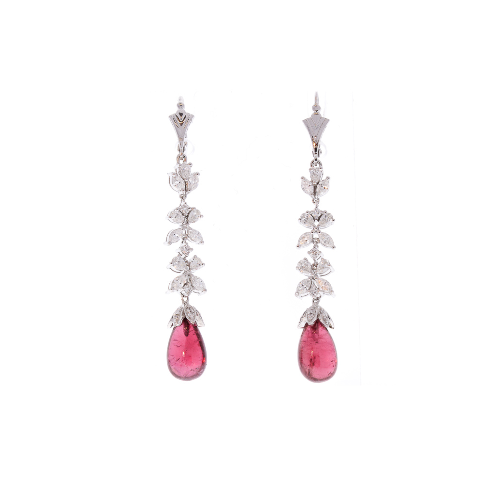  Heritage Gem Studio 12.70 Carat Total Briolette Rubelite and Marquise Diamond Earrings in 18K Gold