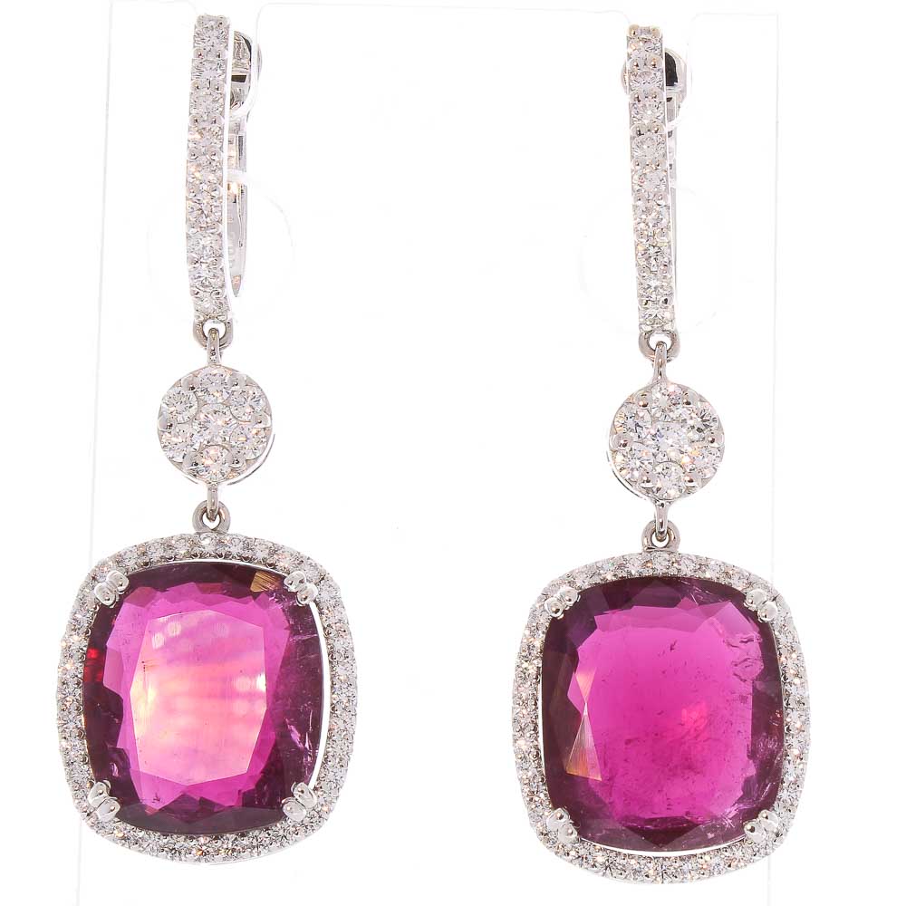  Heritage Gem Studio 26.70 Carat Total Cushion Cut Rubelite and Diamond Earrings in 18 Karat Gold