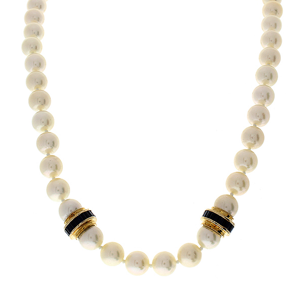  Heritage Gem Studio White Pearls and Princess Cut Sapphire Necklace in 18 Karat Yellow Gold