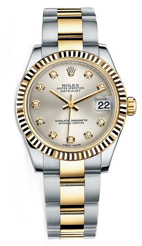 Rolex New Style Datejust Midsize Two Tone Fluted Bezel & Diamond Dial on Oyster Bracelet