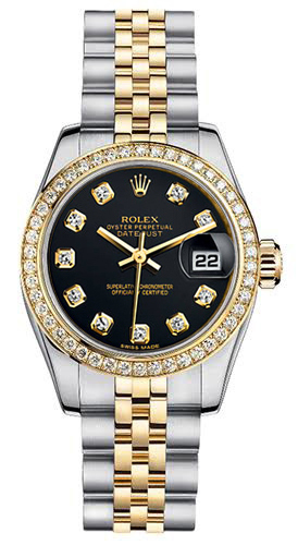 Rolex Women's New Style Two-Tone Datejust with Custom Diamond Bezel and Black Diamond Dial