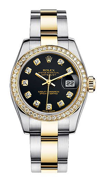 Rolex Women's New Style Two-Tone Datejust with Custom Black Diamond Dial on Oyster Band