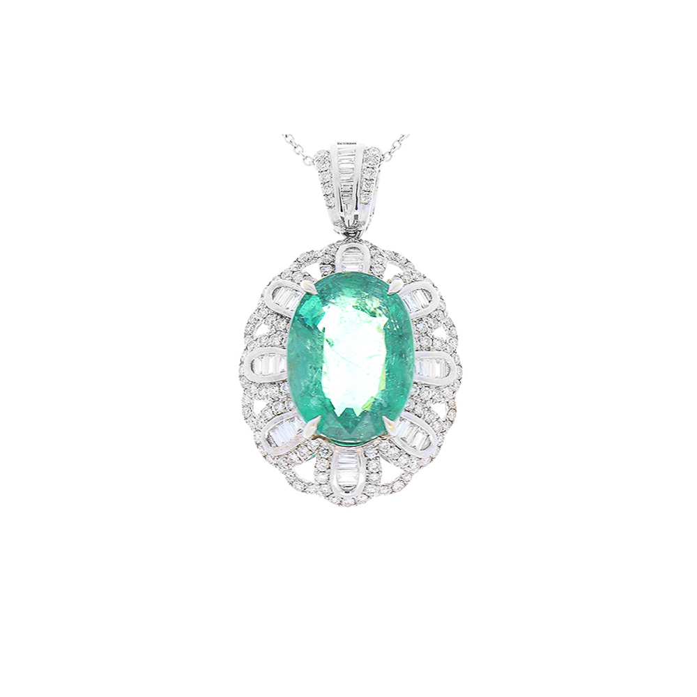 Heritage Gem Studio 7.80 Carat Oval Emerald and Diamond Pendant in 18 Karat White Gold