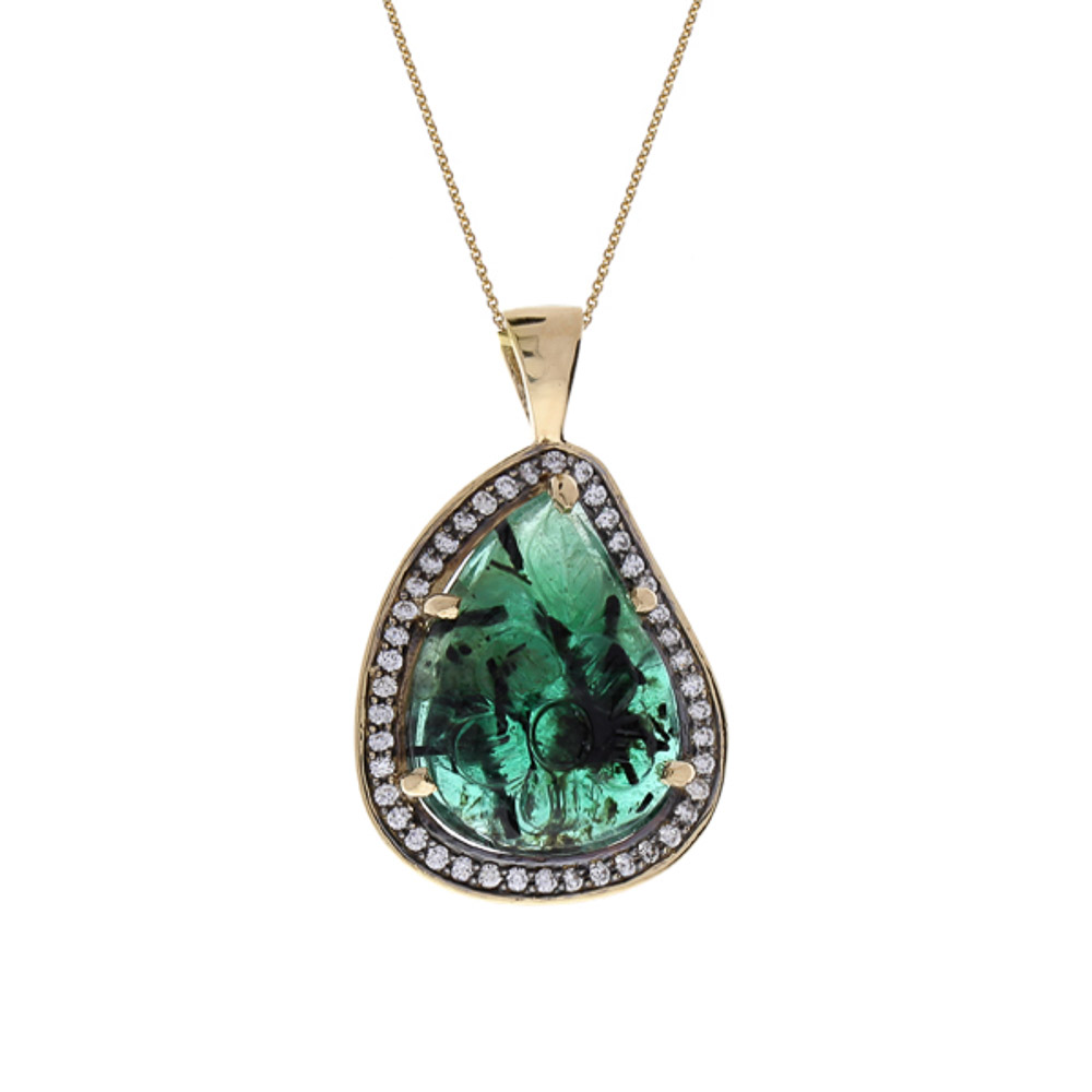  Heritage Gem Studio 11.60 Carat Carved Emerald and Diamond Necklace Pendant in 18 Karat Yellow Gold