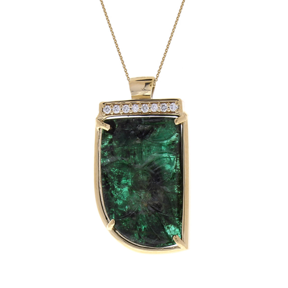  Heritage Gem Studio 15.00 Carat Total Carved Emerald and Diamond Pendant Necklace in 18 Karat Gold