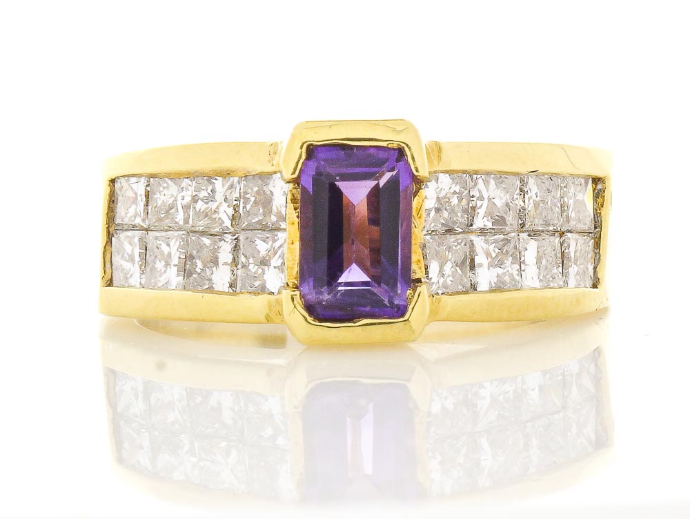 Heritage Gem Studio 0.70 Carat Amethyst and Princess Cut Diamond Cocktail Ring in 18 Karat Gold