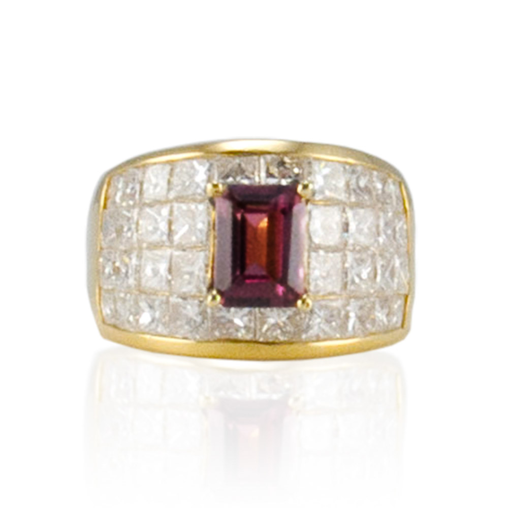 Heritage Gem Studio 1.50 Carat Emerald Cut Rhodolite Garnet and Princess Cut Diamond Cocktail Ring