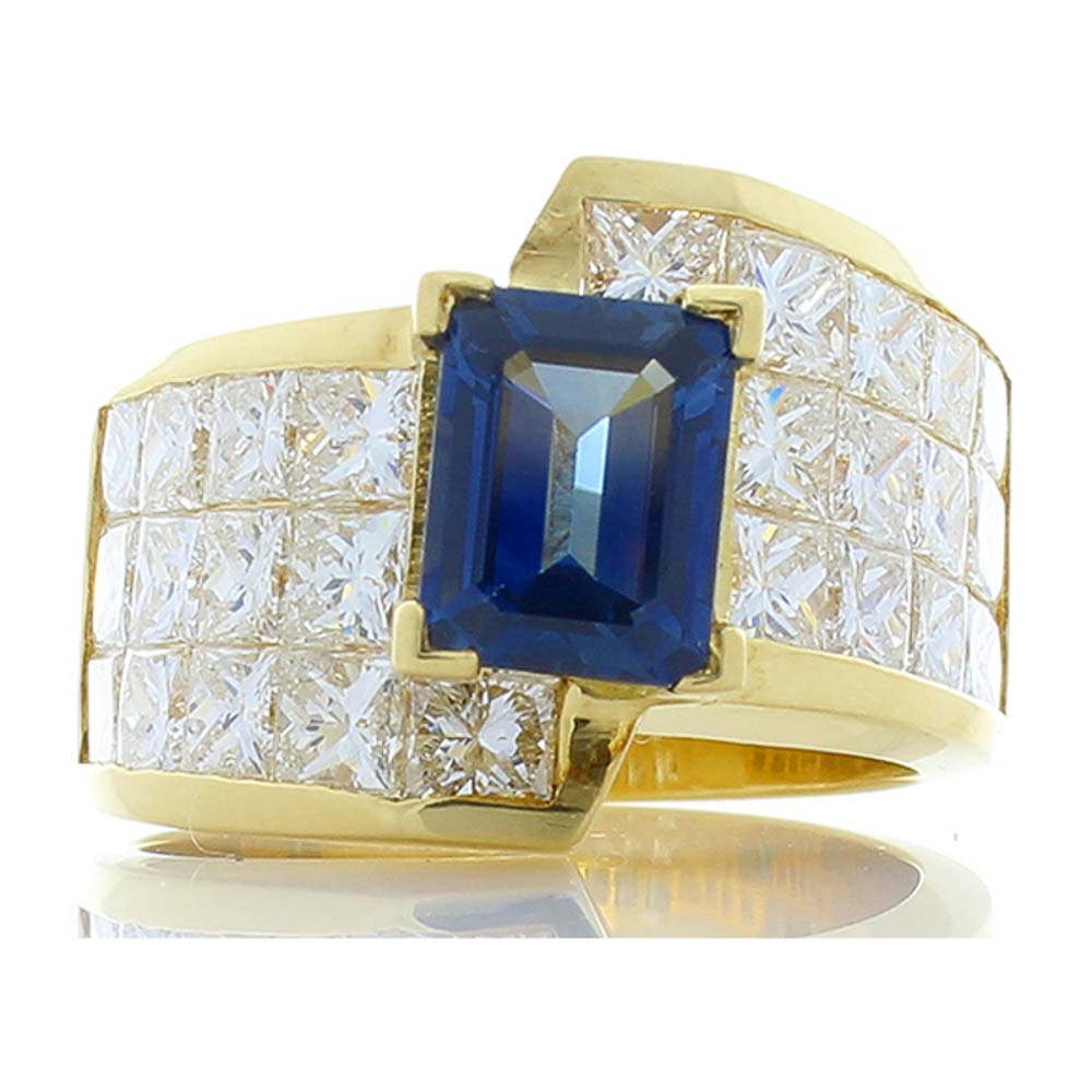 Heritage Gem Studio 1.80 Carat Emerald Cut Blue Sapphire and Princess Cut Diamond Cocktail Ring