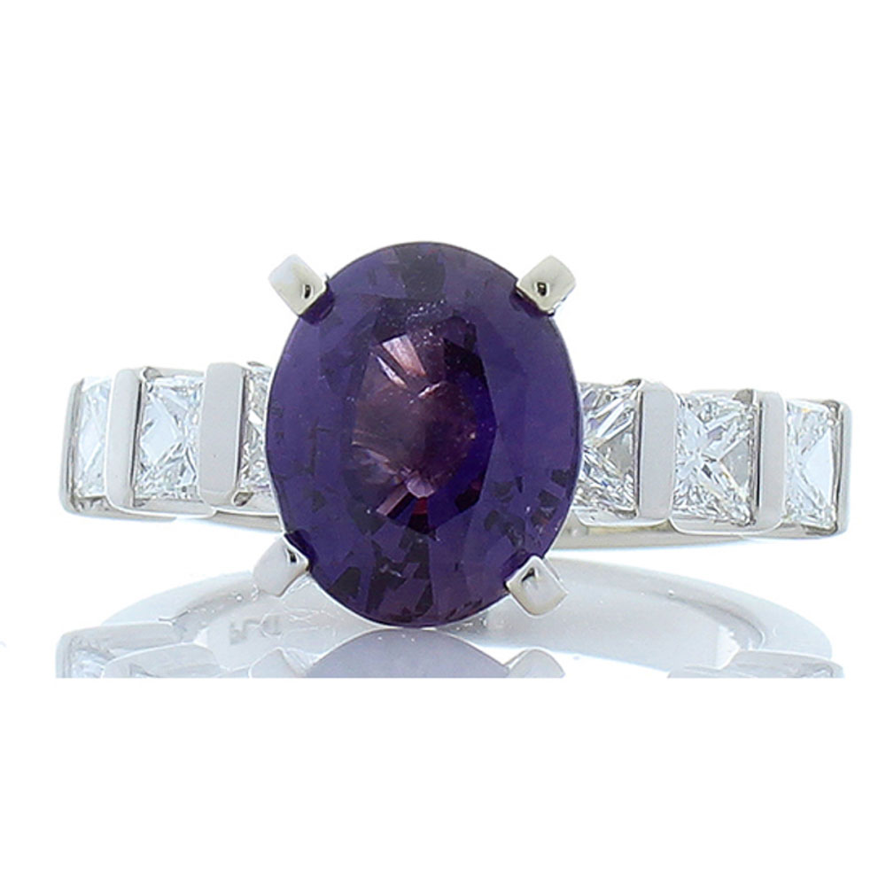 Heritage Gem Studio GIC Certified 3.02 Carat Purple Sapphire and Princess Cut Diamond Cocktail Ring