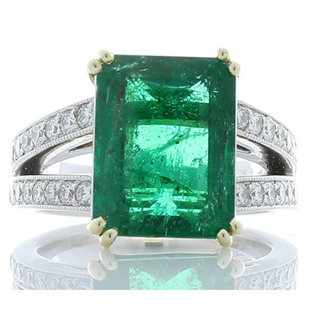 Heritage Gem Studio  6.25 Carat Emerald Cut and Diamond Two-Tone Cocktail Ring in 18 Karat Gold