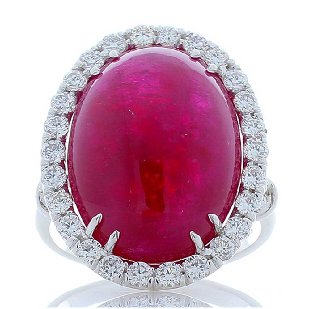 Heritage Gem Studio  Certified 24.25 Carat Ruby Cabochon And Diamond Cocktail Ring In 18 K White Gold 