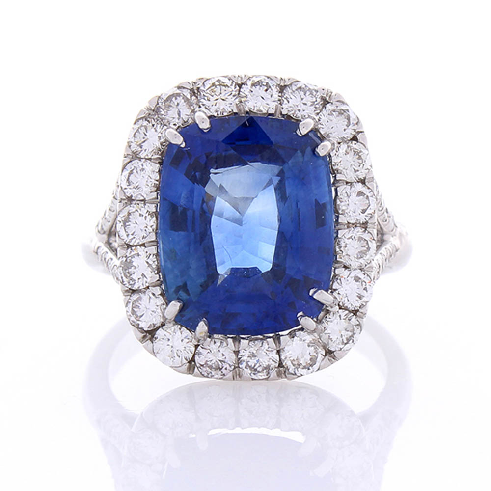Heritage Gem Studio  7.16 Carat Cushion Cut Blue Sapphire  Diamond Cocktail Ring in 18 Karat Gold