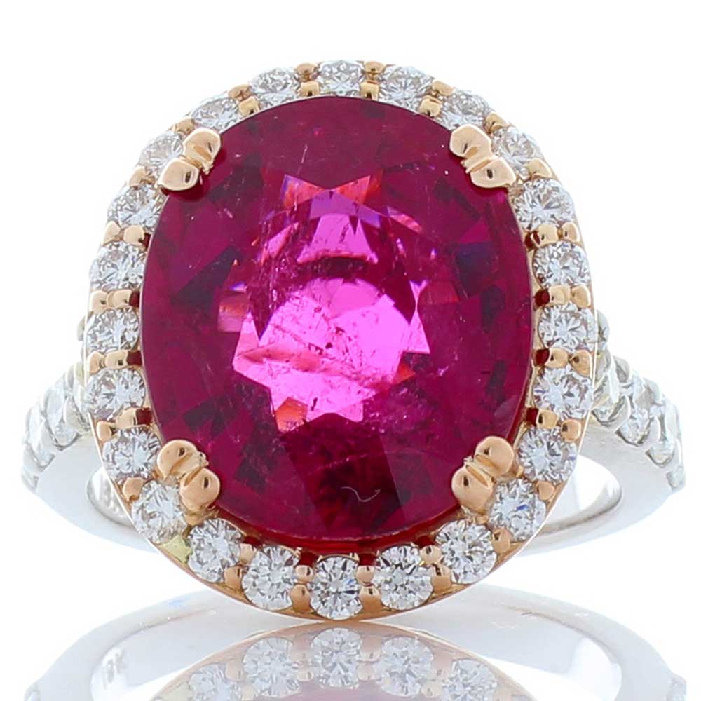 Heritage Gem Studio  7.19 Carat Cushion Cut Rubellite  Diamond Cocktail Ring In 18K White Gold