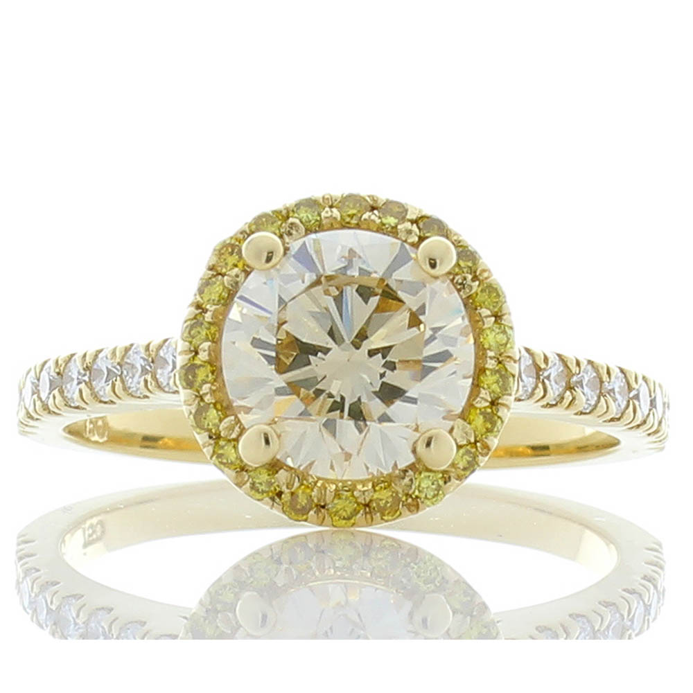 Heritage Gem Studio  Ring 18KY, Dia 1.37CT 7.14 X 7.12 BR Light Yellow VS, 0.16CTW BR Fancy Yellow Melee, 0.27CTW BR White Melee
