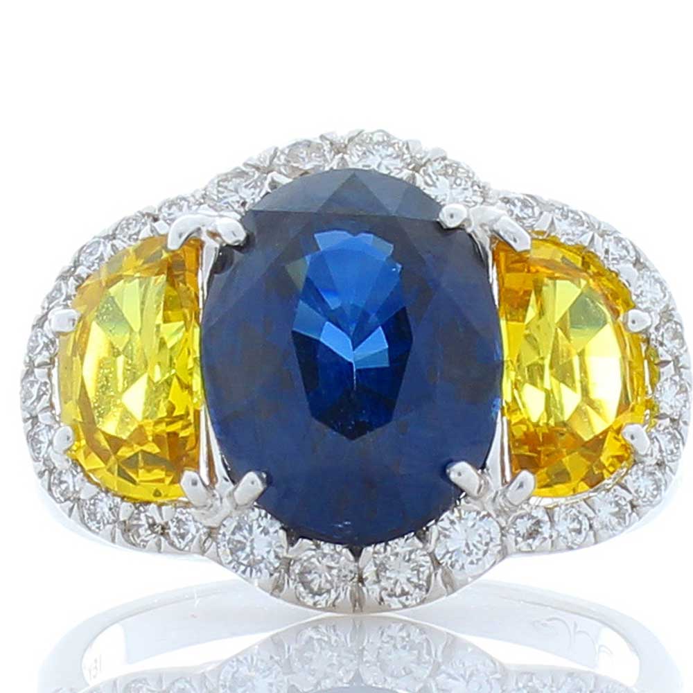 Heritage Gem Studio GIA Certified 4.75 Carat Oval Blue Sapphire,Yellow Sapphire  Diamond Gold Ring