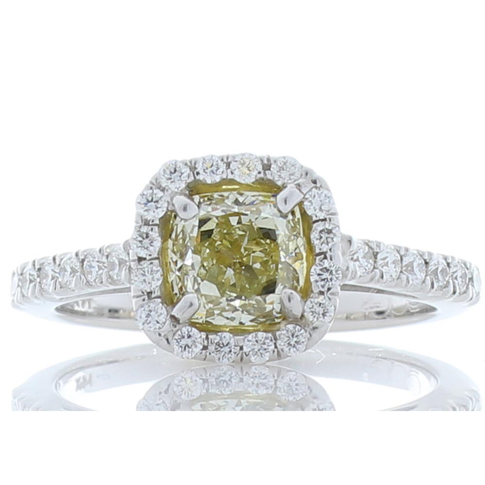 Heritage Gem Studio  1.14 Carat Cushion Cut Fancy Yellow Diamond Cocktail Ring in 14 Karat White Gold