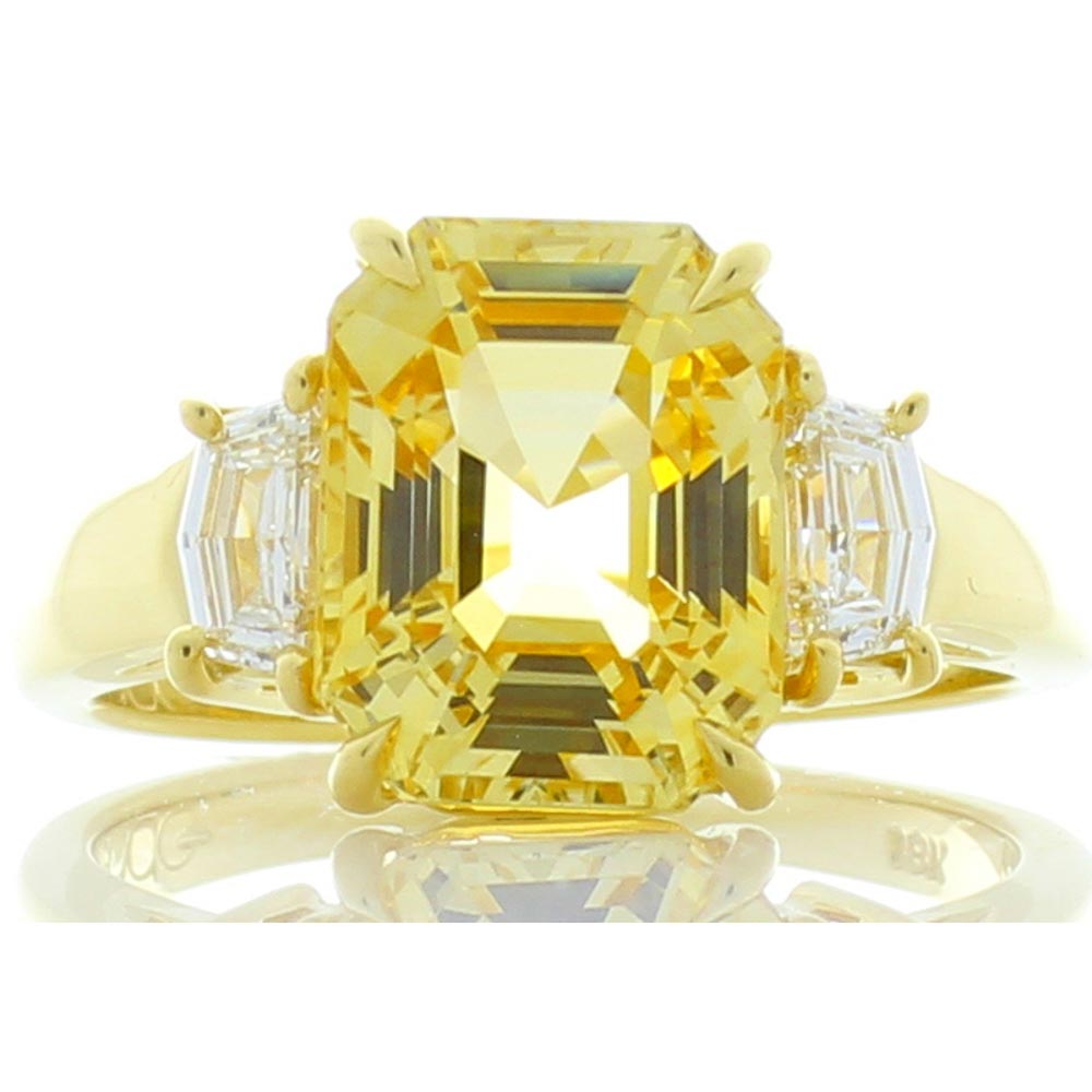 Heritage Gem Studio GII Certified 5.05 Carat Asscher Cut Yellow Sapphire and Cadillac Diamond Ring